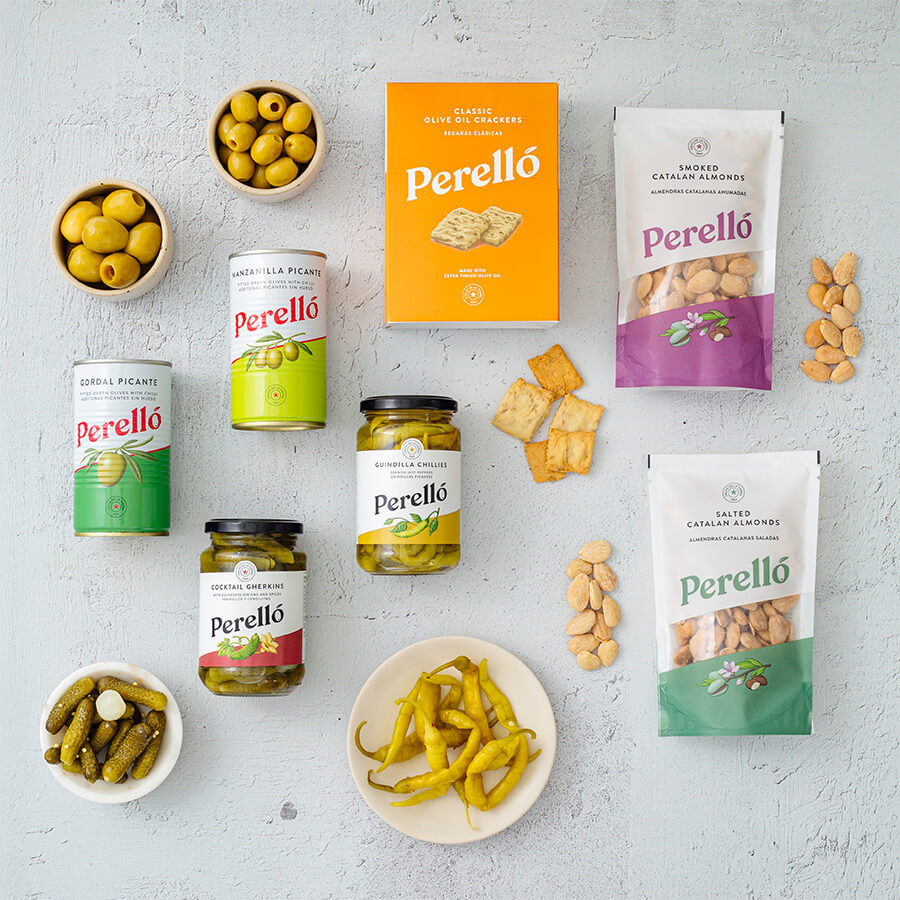 celebration hamper contents, perello olives and pickles, nuts and crackers 