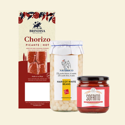 a selection of chorizo picante, a far of Navarrico Haricot beans and a jar of sofrito sauce