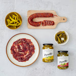 no cook tapas box contents, iberico ham, chorizo hoop, guindillas, gherkins