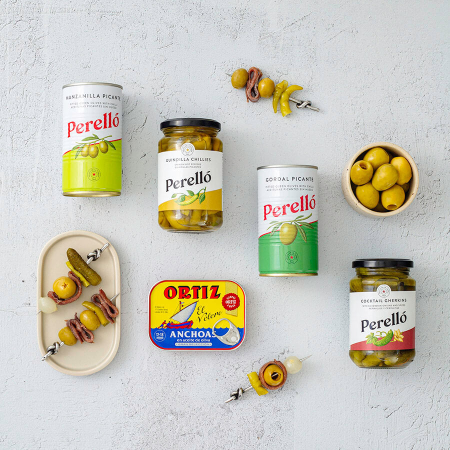 no cook tapas content, perello olives, manzanilla, guindilla, gordal, gherkins, gildas, ortiz anchovies