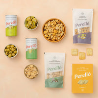 Assorted Perello snack items including cans, bowls, and packages on a beige background