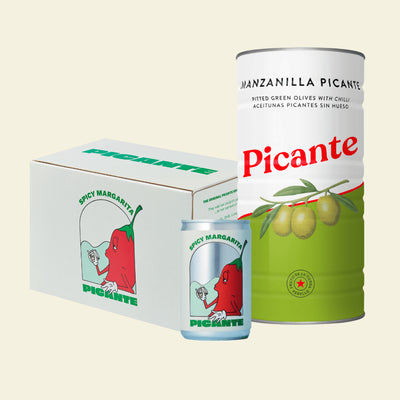 Three Picante brand product containers on a beige background