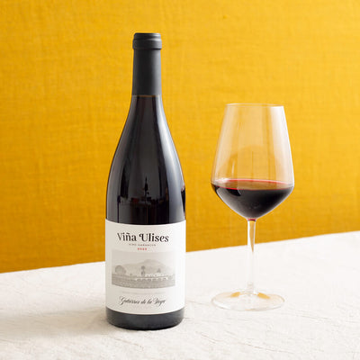 Wine bottle labeled 'Vina Ulises 2022' with a glass of red wine on a yellow background