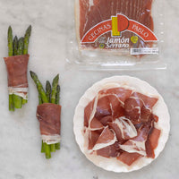 Cecinas Pablo Serrano Ham Slices served with asparagus Brindisa Spanish Foods